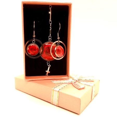 Red Rose Pendant & Earrings - Pink Box set-003